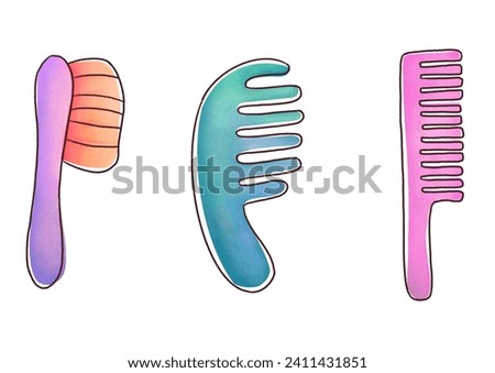 cute comb set for detangling hair, hairbrushing. Eco friendly hairdressing tool for personal hygiene. Hand drawn watercolor cutout clip art Barber's Tool on white transparent background
