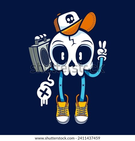 A whimsical character design of a skull wearing a pirate hat and sneakers, carrying a boombox, symbolizing a blend of urban street culture and music. Royalty-Free Stock Photo #2411437459