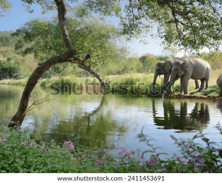 Two elephants drinking water from a body of water