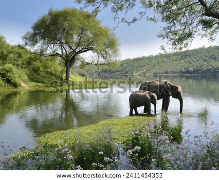 Two elephants drinking water from a body of water