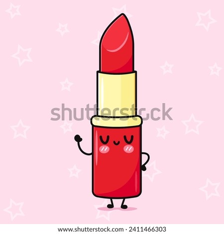 Cute funny Red lipstick waving hand. Vector hand drawn cartoon kawaii character illustration icon. Isolated on pink background. Happy Red lipstick character concept