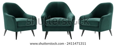 Green Velvet  fabric armchair set  with wood legs isolated on white background. Furniture Collection Royalty-Free Stock Photo #2411471311