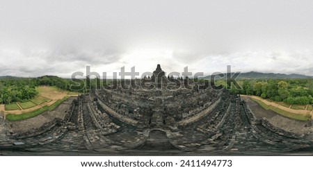 Spherical panorama 360 degrees angle view of Borobodur temple, the world's biggest Buddhist monument .Ready for VR AR virtual reality content. Royalty-Free Stock Photo #2411494773