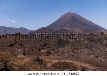 The Pico do Fogo volcano with the lava field after the recent erruption at Fogo island, Cape Verde.