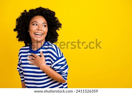 Photo of glad cheerful girl wear stylish clothes look empty space unexpected unbelievable offer isolated on yellow color background Royalty-Free Stock Photo #2411526359