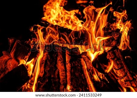 Campfire with orange flames dancing in the night. The fire is burning brightly and the wood is charred and blackened.