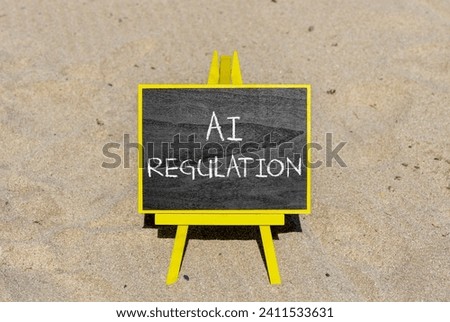 AI regulation symbol. Concept words AI artificial intelligence regulation on blackboard. Beautiful sand beach background. Business AI artificial intelligence regulation concept. Copy space