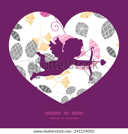 Vector abstract pink, yellow and gray leaves shooting cupid silhouette frame pattern invitation greeting card template