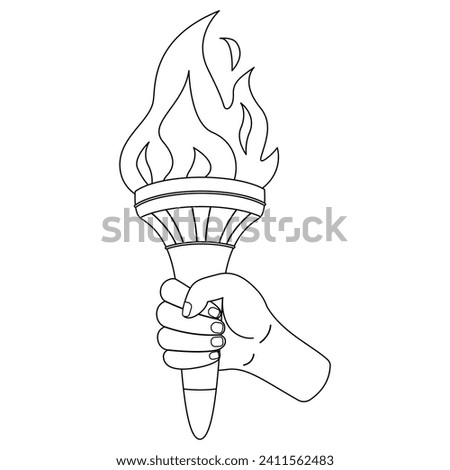 Flaming torchs. Cartoon hand holding a torch withe flame. Burning fire or flame. Sport fire sign. Black and white. Art therapy Coloring page. Vector illustration.