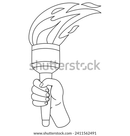 Flaming torchs. Cartoon hand holding a torch withe flame. Burning fire or flame. Sport fire sign. Black and white. Art therapy Coloring page. Vector illustration.