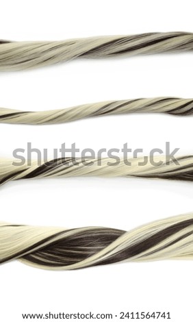 A set of strands of women's hair twisted into  a rope. Strong healthy dyed beautiful hair. Royalty-Free Stock Photo #2411564741