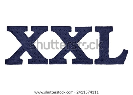 XXL size thermal adhesive navy blue plastic clothing label garment tag, embossed text, large detailed isolated textured horizontal pattern macro closeup, blank empty white background copy space