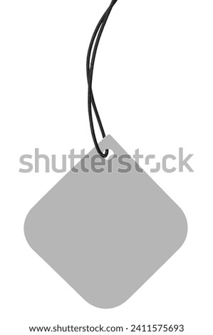 Blank Grey Cardboard Sale Tag And Black String, Empty Square Price Label Background, Vertical Isolated Detailed Hanging Gray Badge Copy Space Macro Closeup, Large Rounded Corners