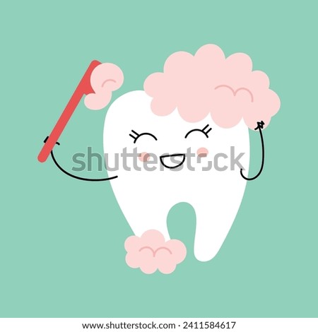 Front facing tooth character brushing itself. Easily editable vector art. Clean tooth with a foam, cute vector icon illustration. Concept of medical cabinet, children dentistry.