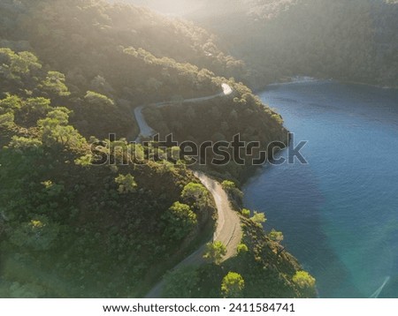 Aerial view from the top of the hill on a winding green wooded road. Aerial view of a road in the middle of the forest , road curve construction up to mountain.