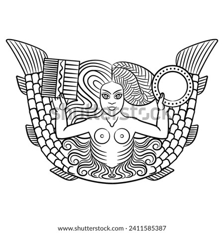 Mermaid or Melusine with two fish tails holding a mirror and a comb. Ethnic medieval European pagan mythological motif. Black and white linear silhouette.