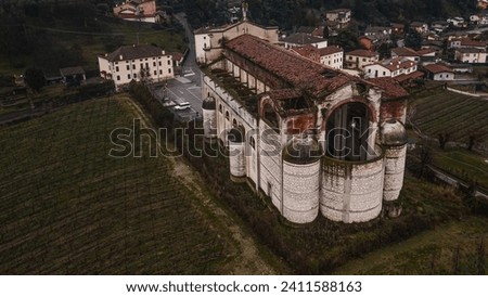 Brendola Incompiuta Cathedral, Vicenza Italy. Aerial view of the church on a cloudy afternoon.