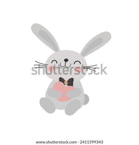 Cute Character bunny with a heart for your disign: Valentine's day, mothers Day, weddings card. Vector illustration. Love concept in cartoon style.