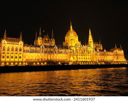View of rivers and night lighting buildings in Budapest, Hungary