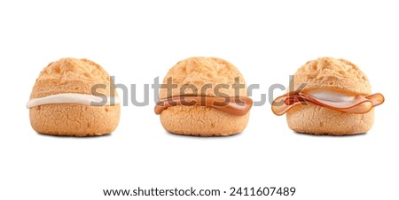 Pic collage isolated on white background of Brazilian cheese breads. Pão de Queijo filled with dulce de leche, cream cheese and turkey slices.