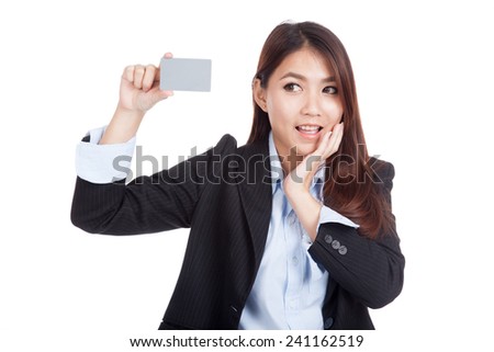 Young Asian businesswoman show blank card  isolated on white background