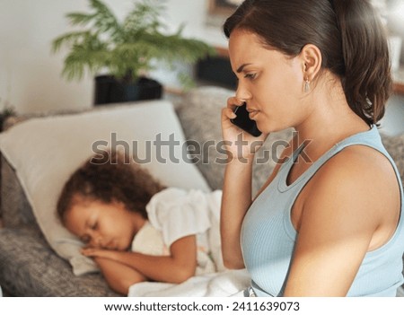 Mother on a phone call about her sick child, looking for medical advice. Ill and unhappy girl with flu and fever while parent mom is talking about online healthcare insurance at home