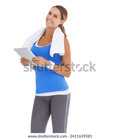 Woman, training and tablet in studio for workout, fitness or wellness results, data and information on a white background. Portrait of a happy, sports model with digital technology for exercise blog