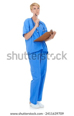 Woman, nurse thinking and documents in studio for medical research, assessment or clinic checklist. healthcare worker or doctor with service solution, clipboard and paperwork on a white background