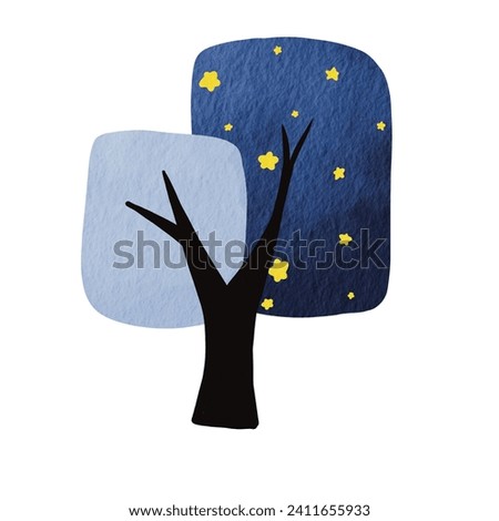 Abstract night sky tree watercolor illustration for decoration on fantasy nature and landscape.