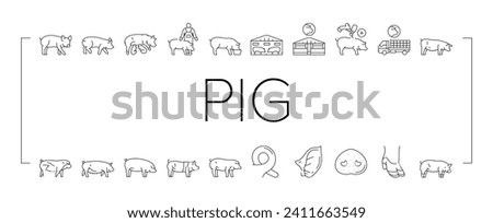 pork pig farm animal piglet hog icons set vector. swine livestock, domestic bacon, cute hand boar, agriculture little, happy vintage pork pig farm animal piglet hog black line illustrations Royalty-Free Stock Photo #2411663549