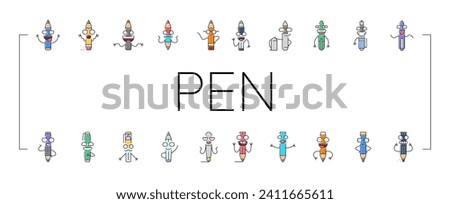 pen character pencil school icons set vector. happy smile, education cute, funny study, mascot face, colorful write, stationery pen character pencil school color line illustrations