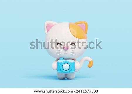 3D cute cat holding camera, Cartoon animal character, 3D rendering.
