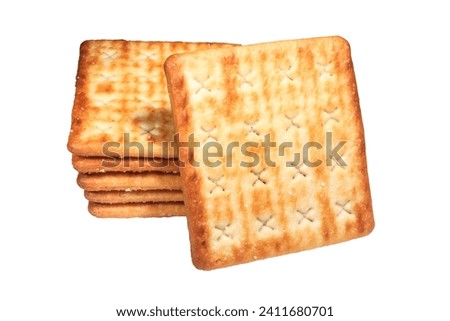 Stack of five square homemade sugar butter crispy biscuit stack like staircase with one biscuit facing out isolated on the white background. Front view stock photo