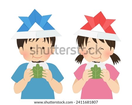 Children wearing helmets and eating Kashiwamochi_Children's Day image material