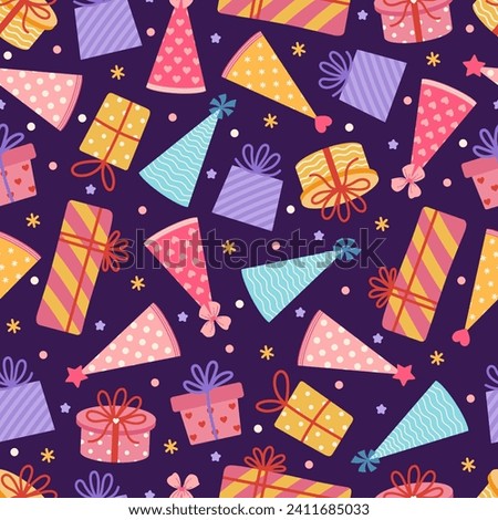 Party seamless vector pattern. Holiday hats and gift boxes on a dark background. Items for birthday, festival, carnival. Surprises with bows and colorful ribbons. Paper caps and presents for kids