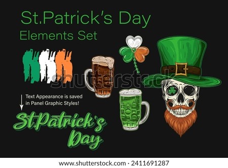 Set, clip art of objects for St Patricks day in vintage style. Jewelry charm clover, glasses with dark, green beer, Irish flag. Human skull with red beard in tall top hat. Text graphic style included
