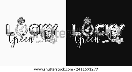 Horizontal St Patricks Day text label with coins, horseshoe, glass of beer, text Lucky Green. For prints, clothing, t shirt design. Vintage illustration on black, white background.
