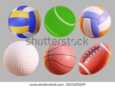 Collection of 3d sport and ball icon collection isolated on blue, Sport and recreation for healthy life style concept. Eps 05 Royalty-Free Stock Photo #2411693249