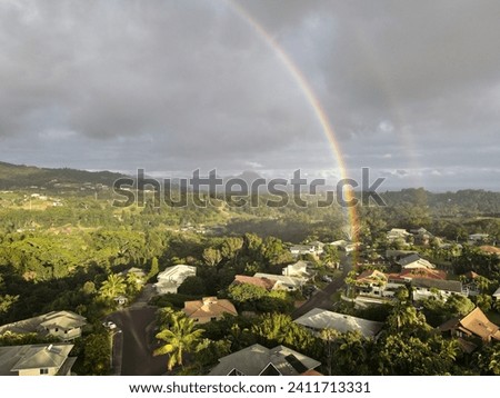 Drone picture of a double rainbow on the island of Kauai