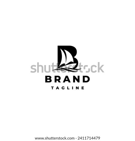 Sail Boat Silhouette Inside Initial Letter B Logo Design. Initial Letter B With Silhouette of Sailboat and Waves Logo Design.
