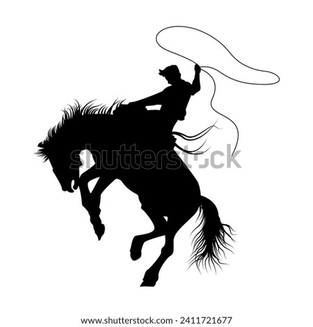 silhouette of a cowboy riding a horse jumping up. cowboy holding a lasso. vector illustration