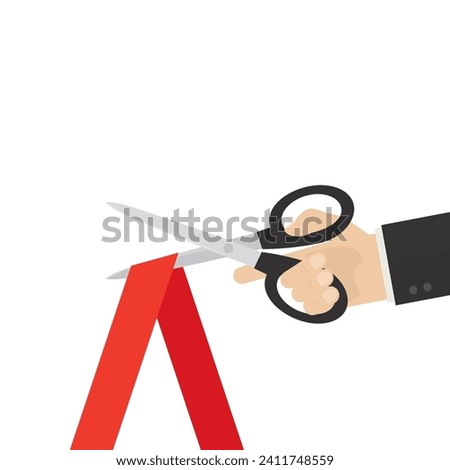 Cartoon hand cutting red ribbon with scissors. Design isolated on white background. Ceremony event, grand opening, presentation in flat style. Place for text. Vector illustration