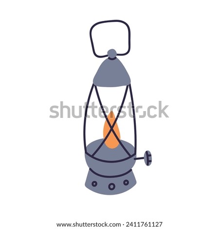 Lantern with warm light, flame inside. Lamp from metal and glass, candlelight, candle fire burning. Hanging decoration with burner. Flat vector illustration isolated on white background