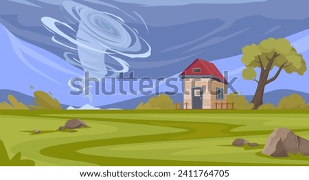 windy Landscape. tornado in country Destroying Farm, Waterspout In Countryside, twisted storm catastrophe cyclone cataclysm, vortex typhoon funnel background. vector cartoon flat background. Royalty-Free Stock Photo #2411764705
