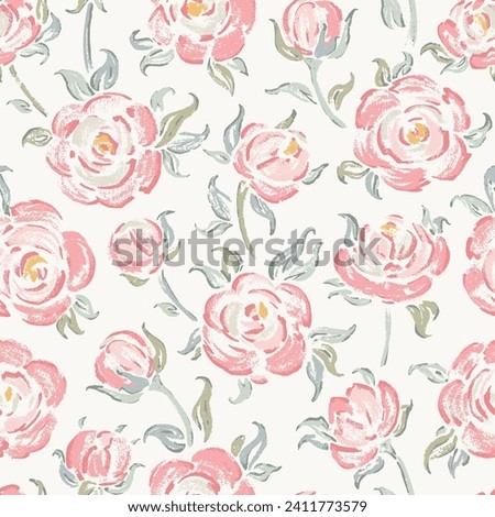 Pink Roses. Rose Flower Seamless Pattern. Flowers and Leaves. Vintage Floral Background. Shabby chic Wallpaper. Millefleurs Liberty Style Design. Vector Illustration Royalty-Free Stock Photo #2411773579
