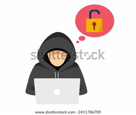 Hacker unlocks the laptop and stealing password spamming, credit card, unlocked key, vector illustration.