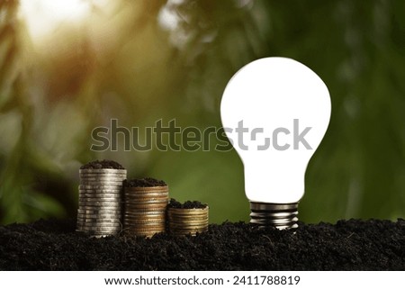 The light bulb is located on the soil. and plants grow on stacked coins Renewable energy generation is essential for the future and Renewable energy-based green businesses can enable business growth.