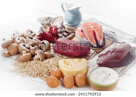 Sources of Vitamin B12 food background Royalty-Free Stock Photo #2411792913