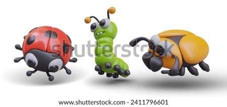 Red ladybug, green caterpillar, yellow beetle. Vector 3D insects for children stories, books, applications. Cute natural creatures. Small inhabitants of Earth