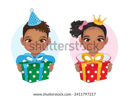 Birthday Party Concept with American African Boy and Girl Holding Gift Box Cartoon Character Vector